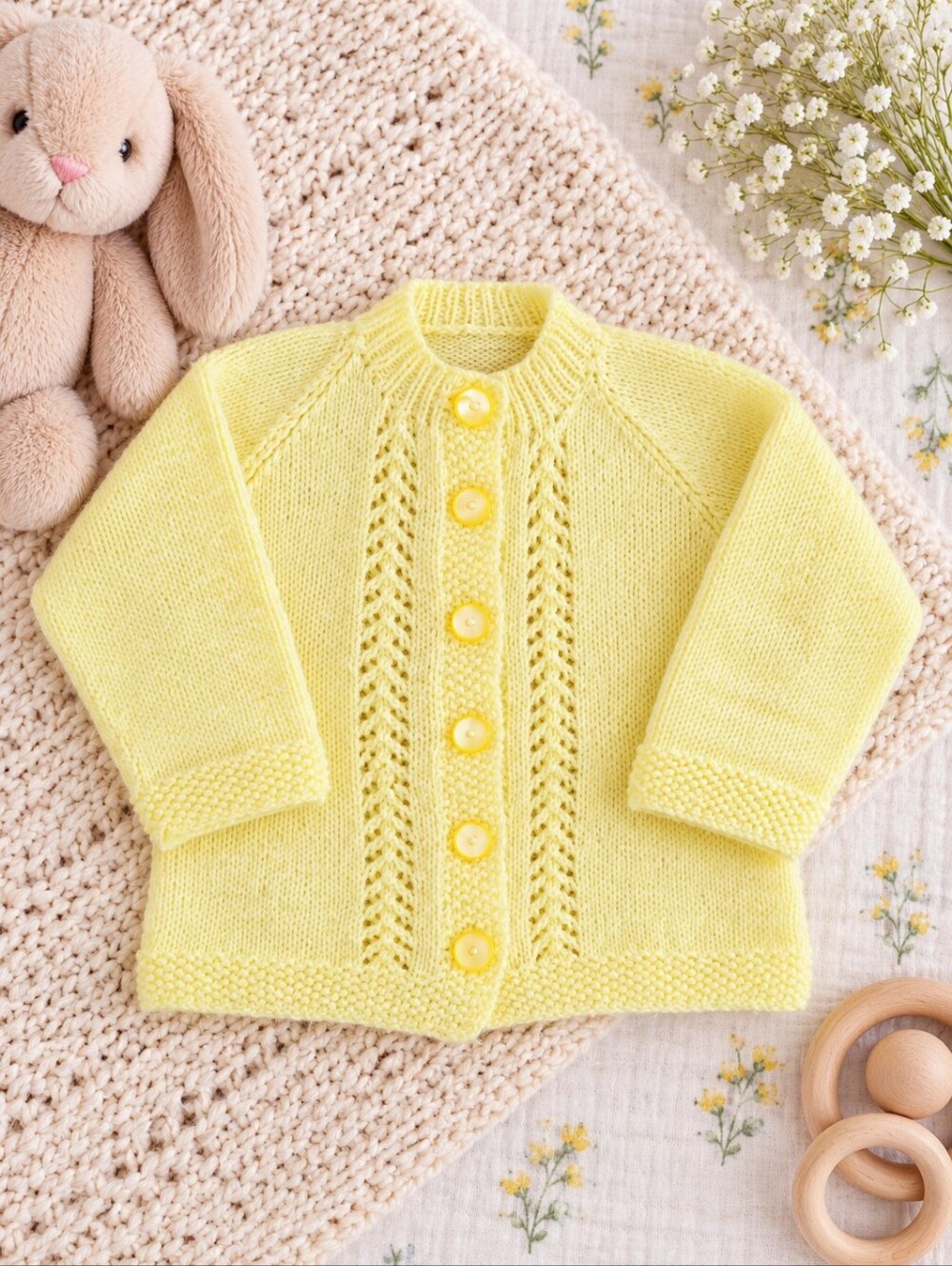 Vintage Hand Knit Yellow Baby Cardigan Sweater 3–6M